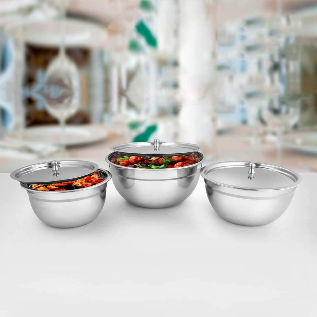 Shri & Sam Stainless Steel Serving Bowl With Stainless Steel Lid, 3 Pieces, Silver (Tezon)