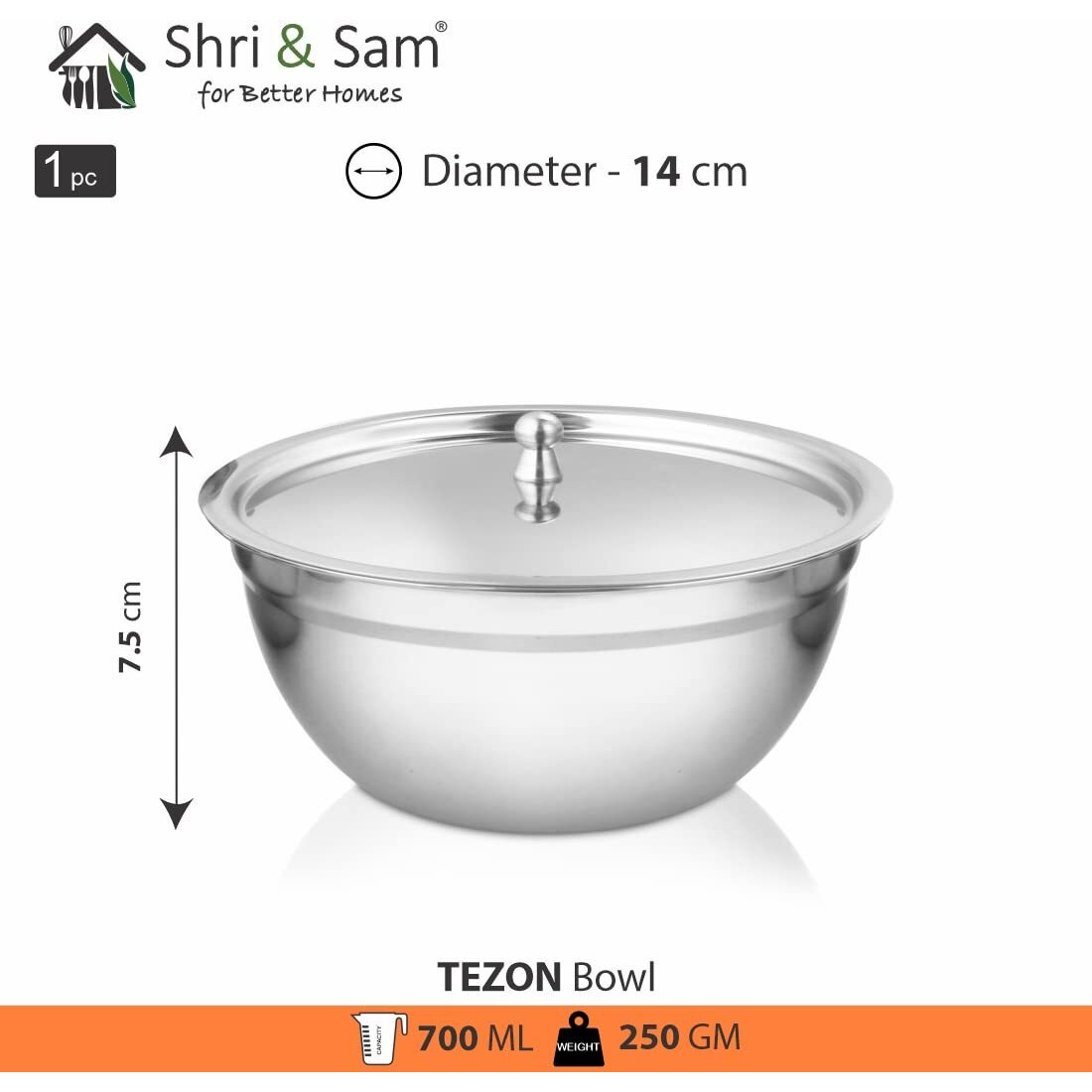 Shri & Sam Stainless Steel Serving Bowl With Stainless Steel Lid, 3 Pieces, Silver (Tezon)