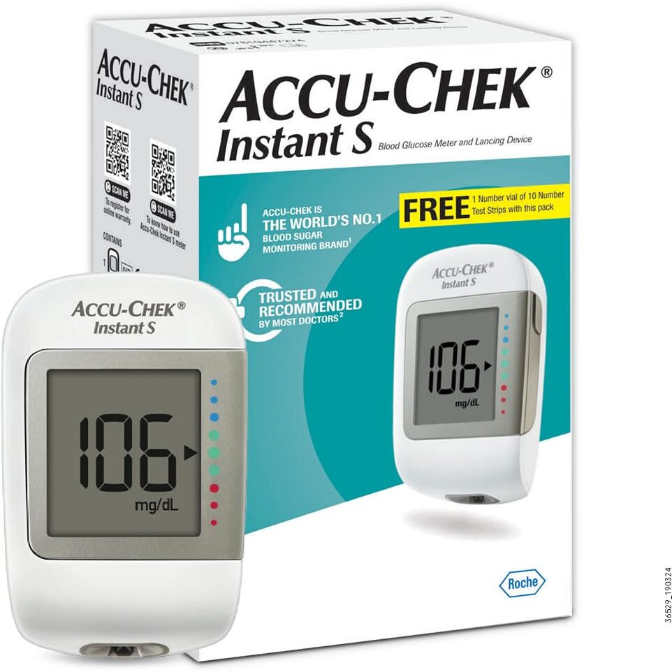 Accu-Chek Instant S Blood Glucose Glucometer Kit With Vial Of 10 Strips, 10 Lancets And A Lancing Device Free For Accurate Blood Sugar Testing
