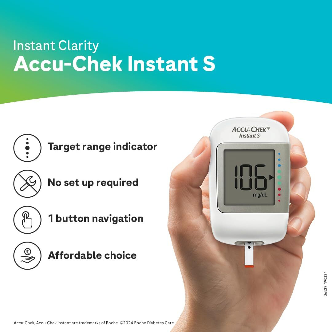 Accu-Chek Instant S Blood Glucose Glucometer Kit With Vial Of 10 Strips, 10 Lancets And A Lancing Device Free For Accurate Blood Sugar Testing