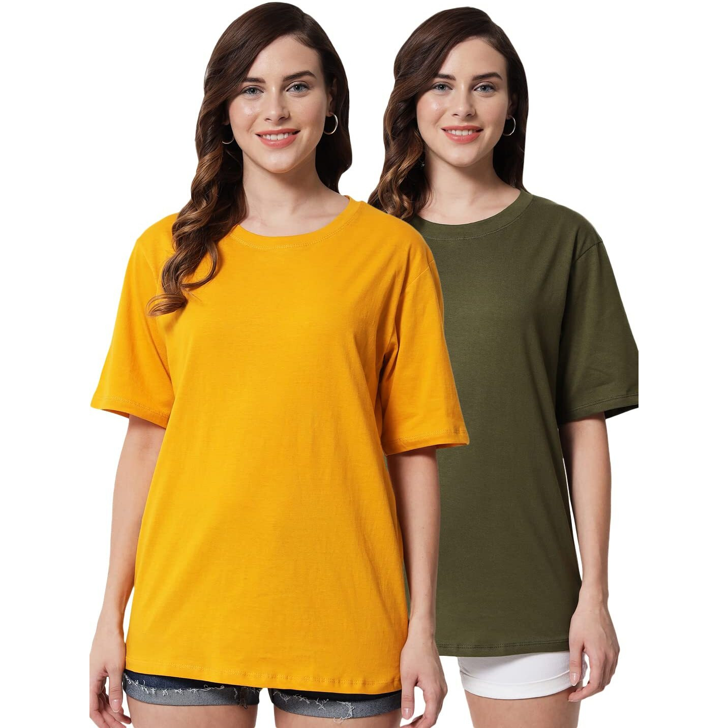 Funday Fashion Cotton Half Sleeve Printed Oversized T-Shirt For Womens/Girls (Pack Of 2) (Xxx-Large, Yellow & Army Green)