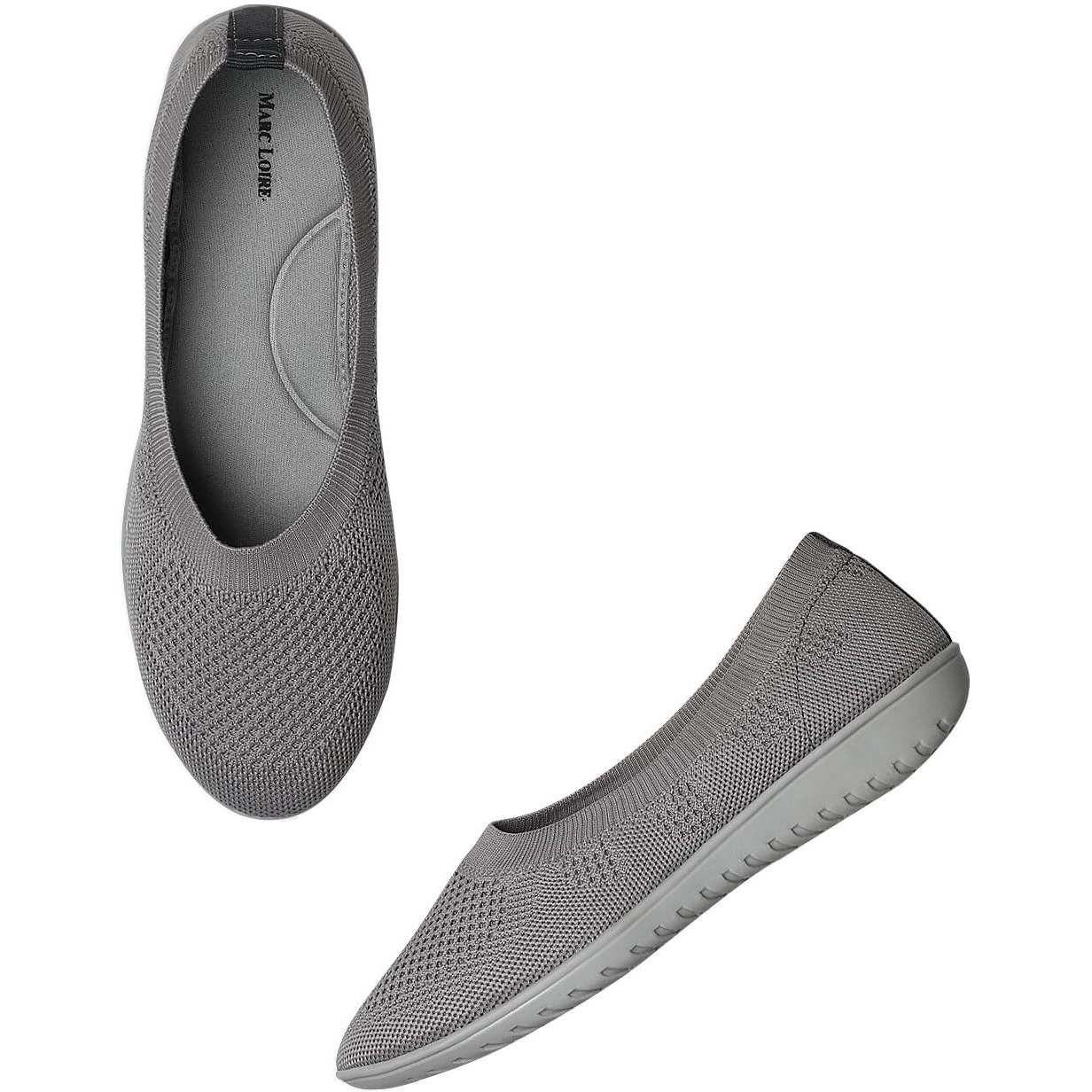 Marc Loire Women's Grey Athleisure Lightweight Active Wear Knitted Mesh Slip On Comfortable Casual Flat Ballerina Shoes, 8 Uk
