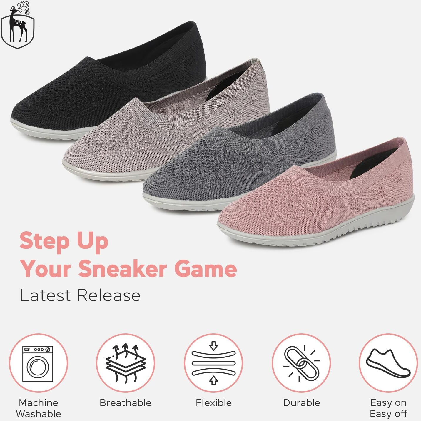 Marc Loire Women's Grey Athleisure Lightweight Active Wear Knitted Mesh Slip On Comfortable Casual Flat Ballerina Shoes, 8 Uk