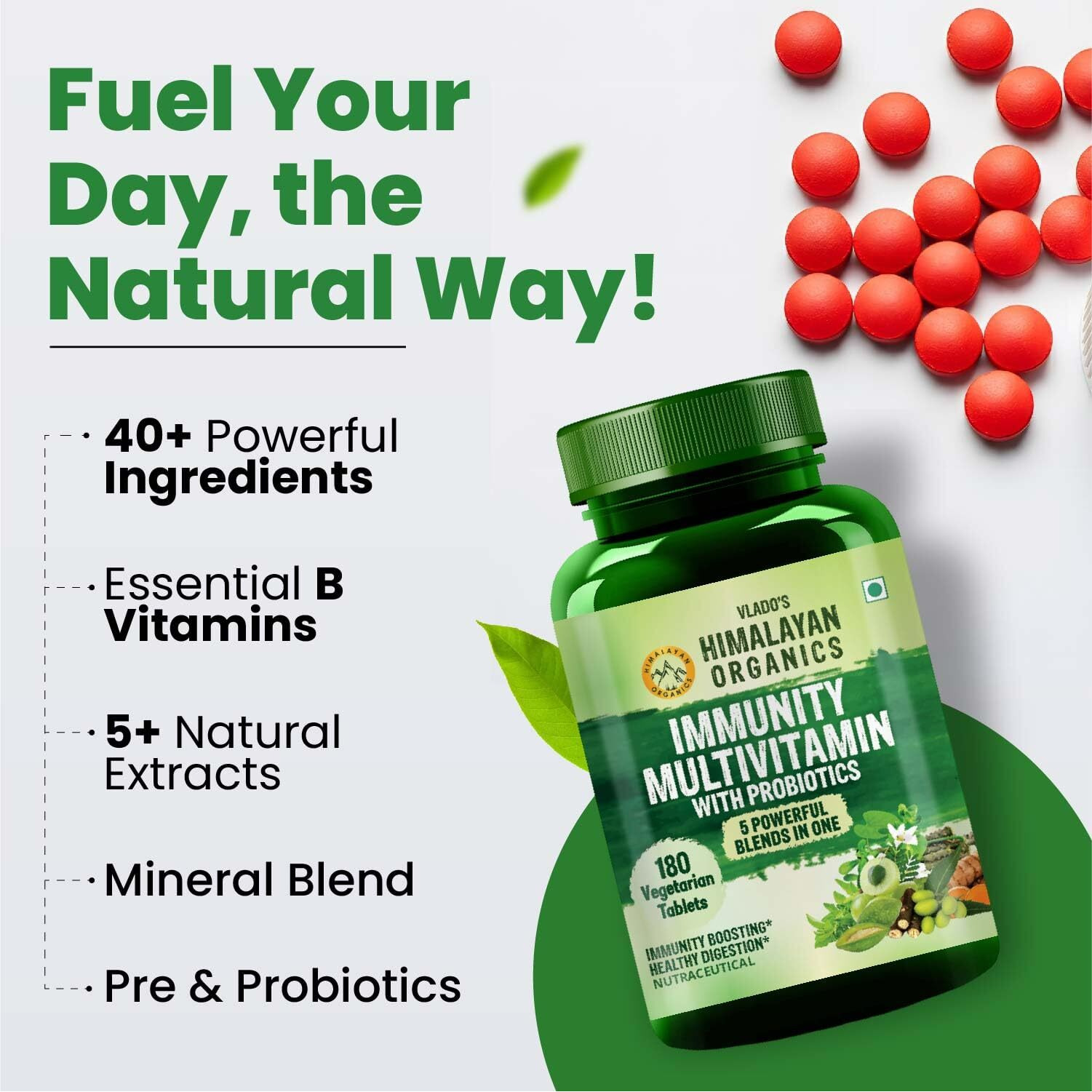 Vlado's Himalayan Organics Immunity Multivitamin With Probiotics | Vitamin B1,B2,B3,B5,B6,B12,A,E,K,D3, Zinc, Giloy, Calcium | 40+Vital Nutrients For Overall Health, Radiance, Strong Bones & Immunity - 180 Veg Tablets