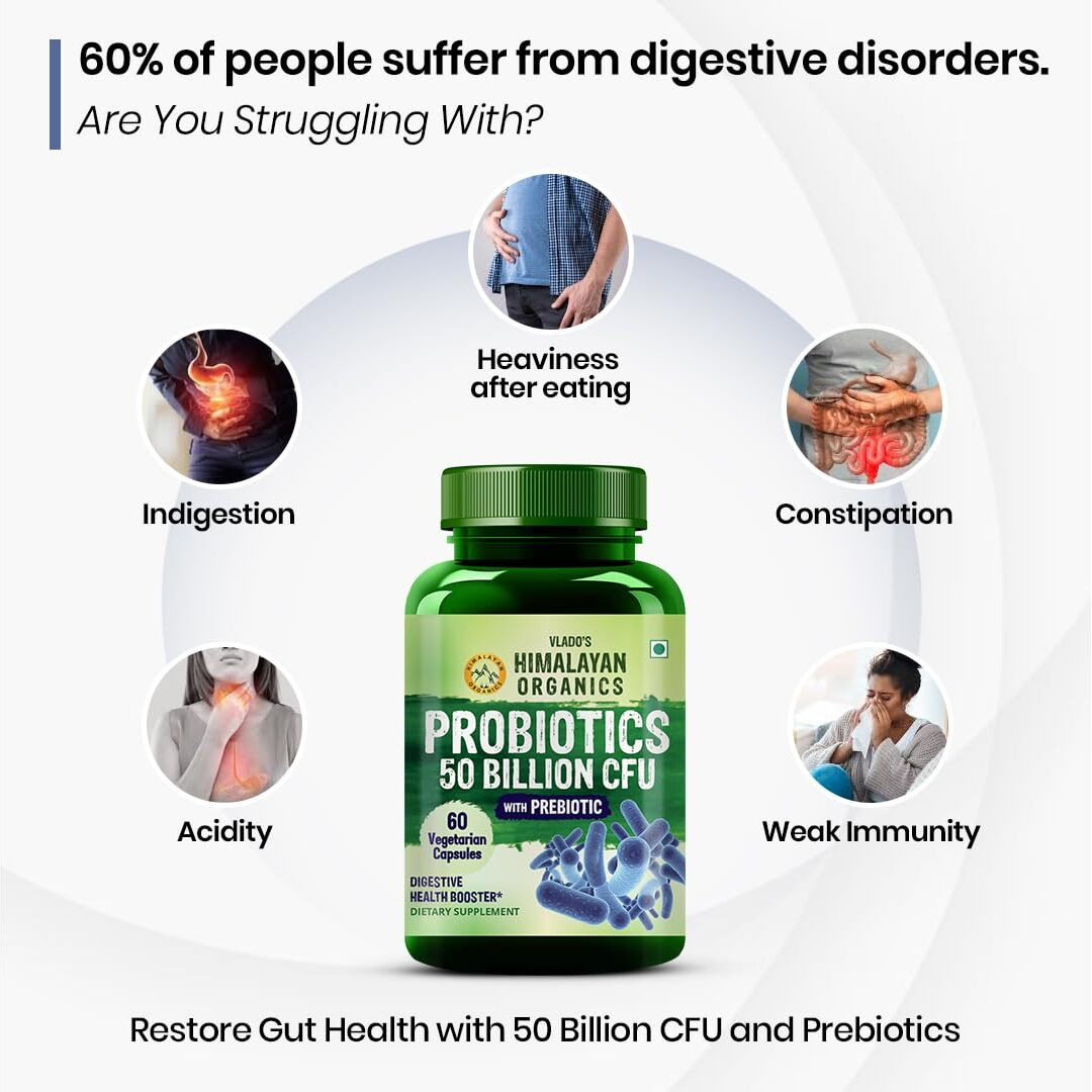 Vlado's Himalayan Organics Probiotics 50 Billion Cfu - 20 Strain + 150Mg Prebiotic Supplement | Good For Digestive, Gut Health, Immunity, Diarrhea, Gas & Bloating Support| For Men And Women - 60 Vegetarian Capsules