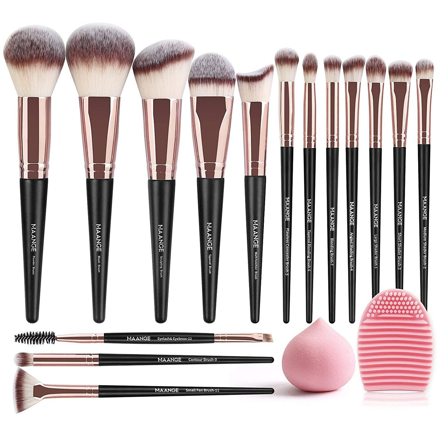 Maange Professional Makeup Brushes 15 Pcs Synthetic Makeup Brushes Set With 1 Makeup Sponge & 1 Brush Cleaner (Black Gold)