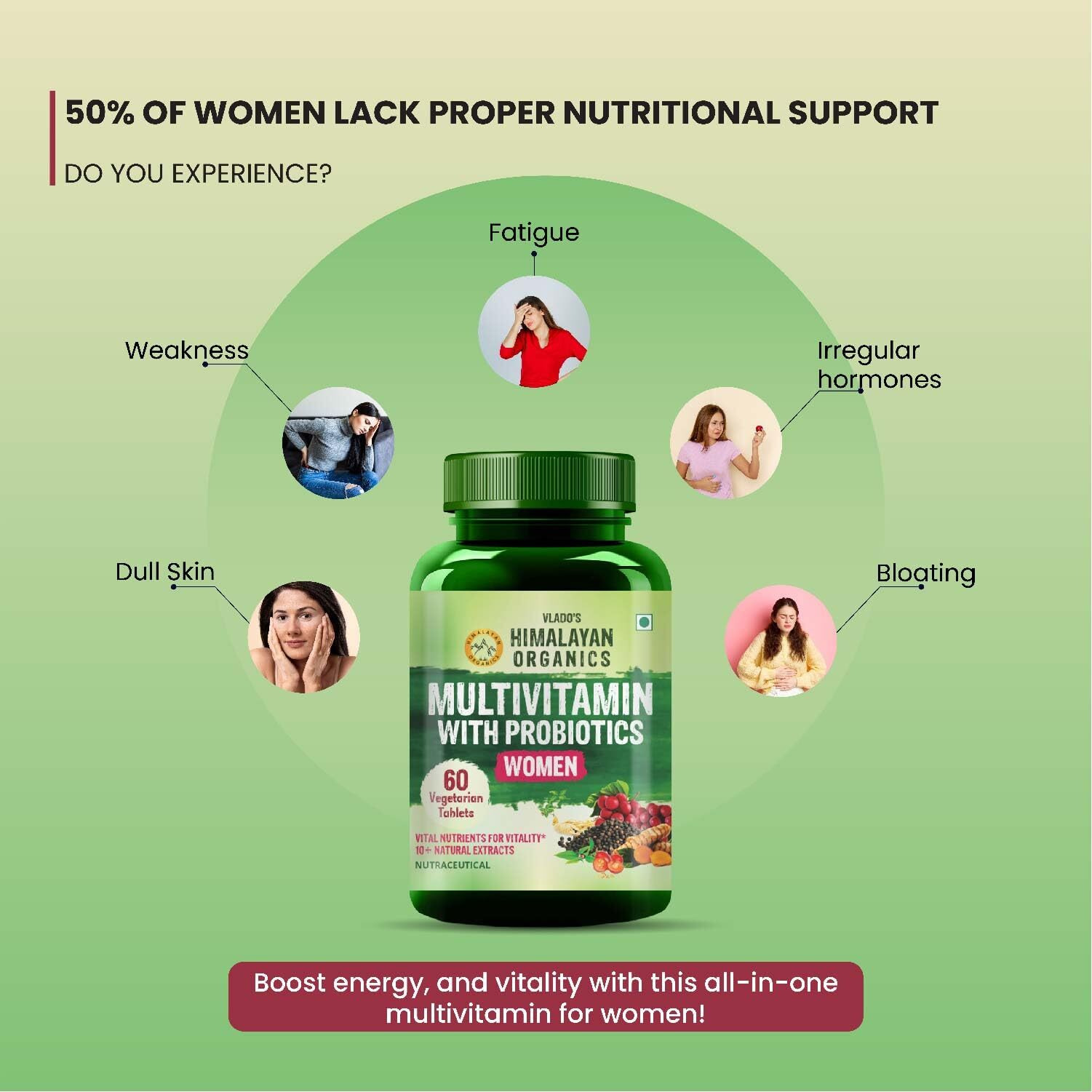 VladoS Himalayan Organics Multivitamin With Probiotics Supplement For Women With 60+ Essential Ingredients | Multiminerals For Immunity And Energy, Hair, Skin & Bone Support - 60 Veg Tablets