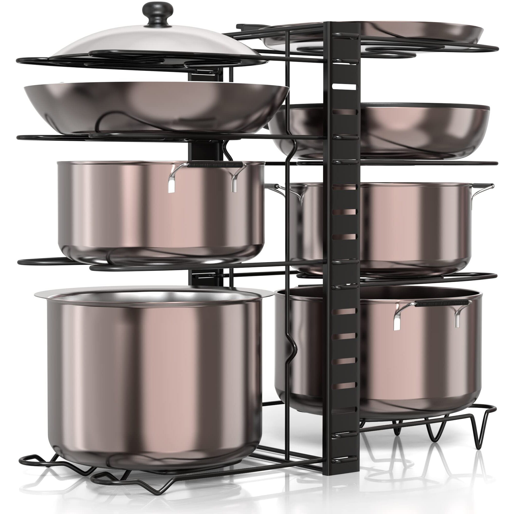 Umi. 3 Diy Methods Iron Metal Portable Pot Countertop Pan Rack Organizer 8 Pots Holder, 4-Tiers Each Side, Tiered Shelf, Cabinet Pantry Pot Pan Lid Holder (Black)