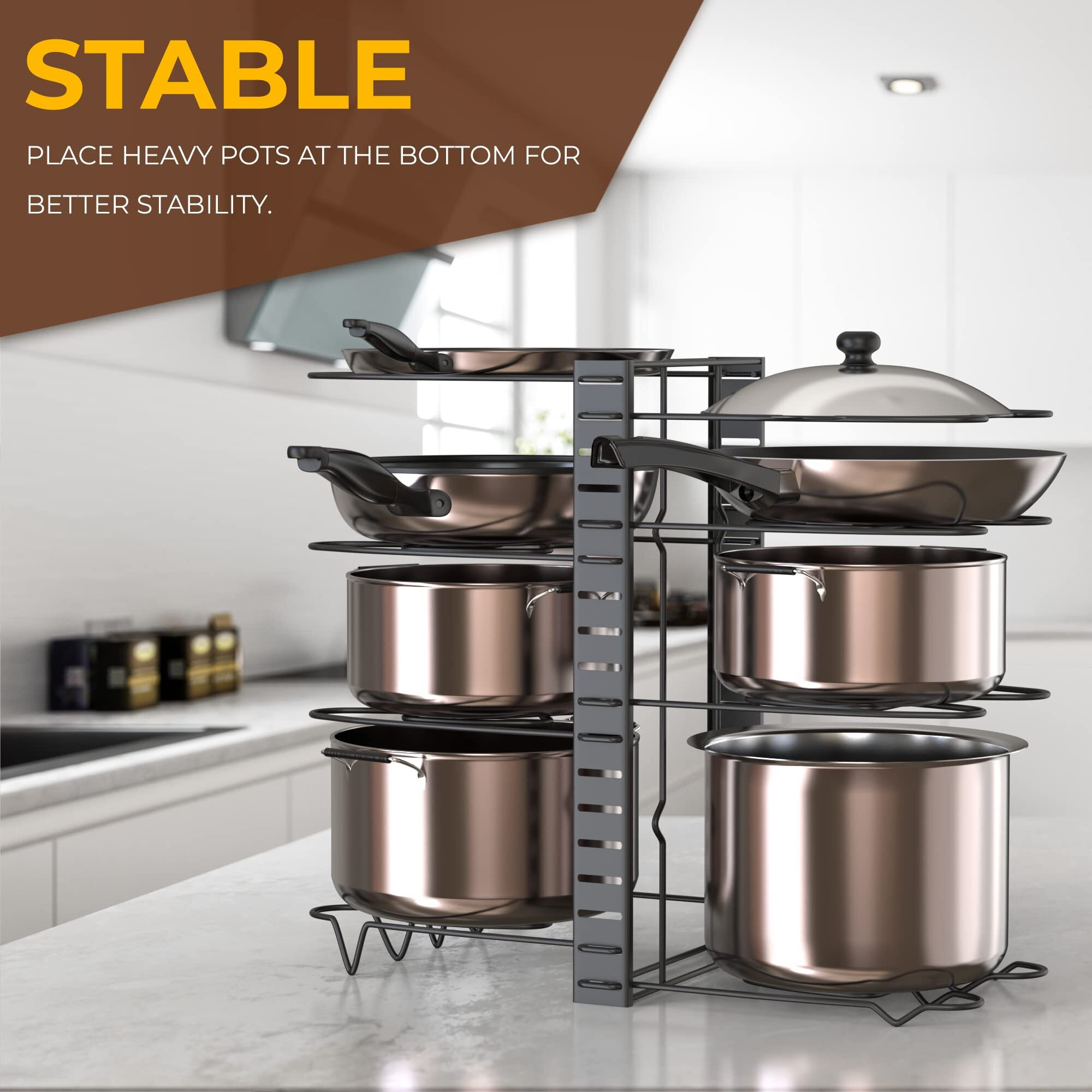 Umi. 3 Diy Methods Iron Metal Portable Pot Countertop Pan Rack Organizer 8 Pots Holder, 4-Tiers Each Side, Tiered Shelf, Cabinet Pantry Pot Pan Lid Holder (Black)