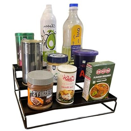 Go Hooked Kitchen 3-Tier Step Standing Rack Kitchen Spice Bottle Rack Utensil Holder Food Storage Organizer For Cabinet Pantry Shelf Bathroom Rack (Black, Pack Of 1, Iron, Step Shelf, Countertop)