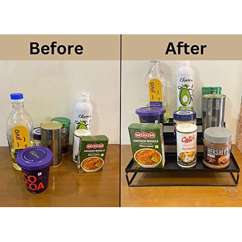 Go Hooked Kitchen 3-Tier Step Standing Rack Kitchen Spice Bottle Rack Utensil Holder Food Storage Organizer For Cabinet Pantry Shelf Bathroom Rack (Black, Pack Of 1, Iron, Step Shelf, Countertop)