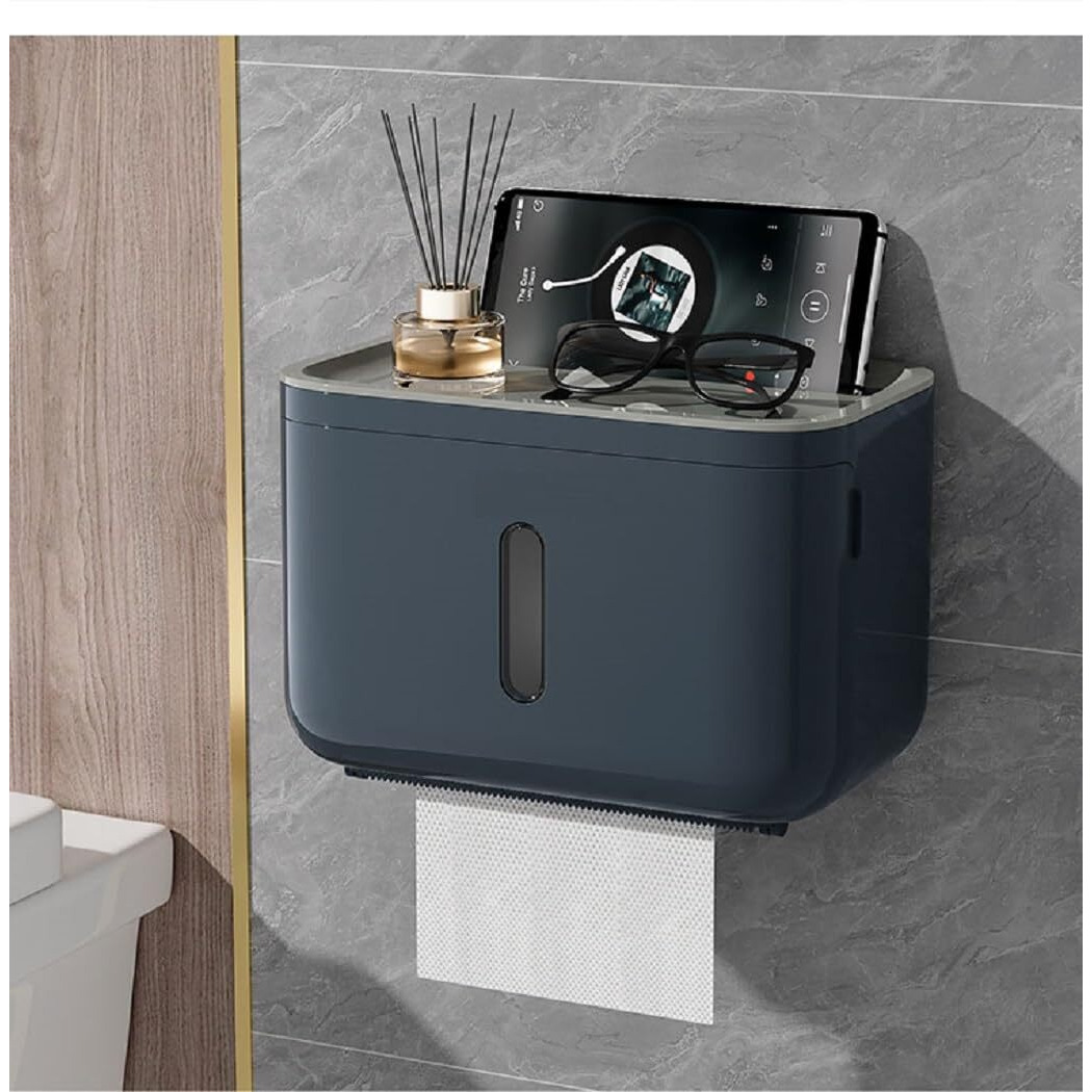 Srxes Self Adhesive Toilet Paper Holder For Bathroom With Mobile Stand, Wall Mounted Tissue Paper Holder, Toilet Paper Roll Holder For Bathroom, Bathroom Accessories (Navy Blue)