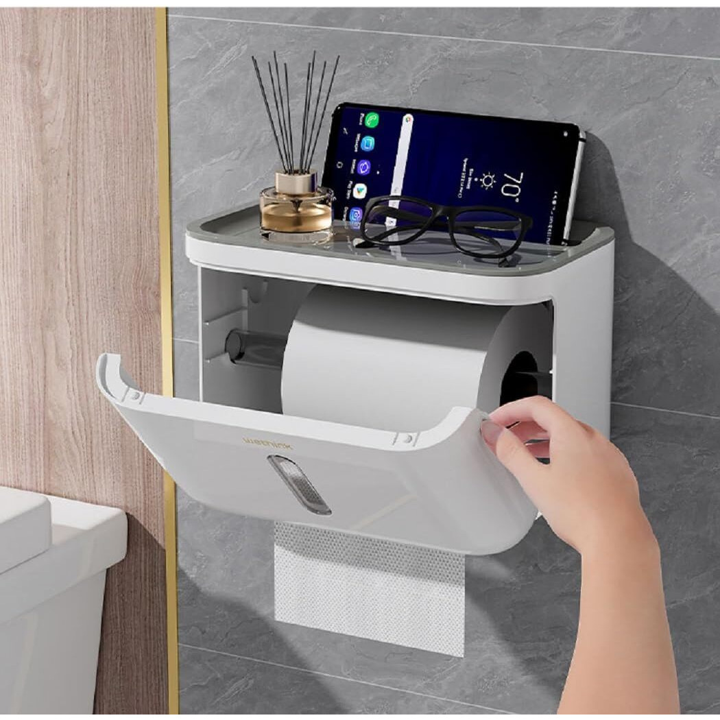 Srxes Self Adhesive Toilet Paper Holder For Bathroom With Mobile Stand, Wall Mounted Tissue Paper Holder, Toilet Paper Roll Holder For Bathroom, Bathroom Accessories (Navy Blue)