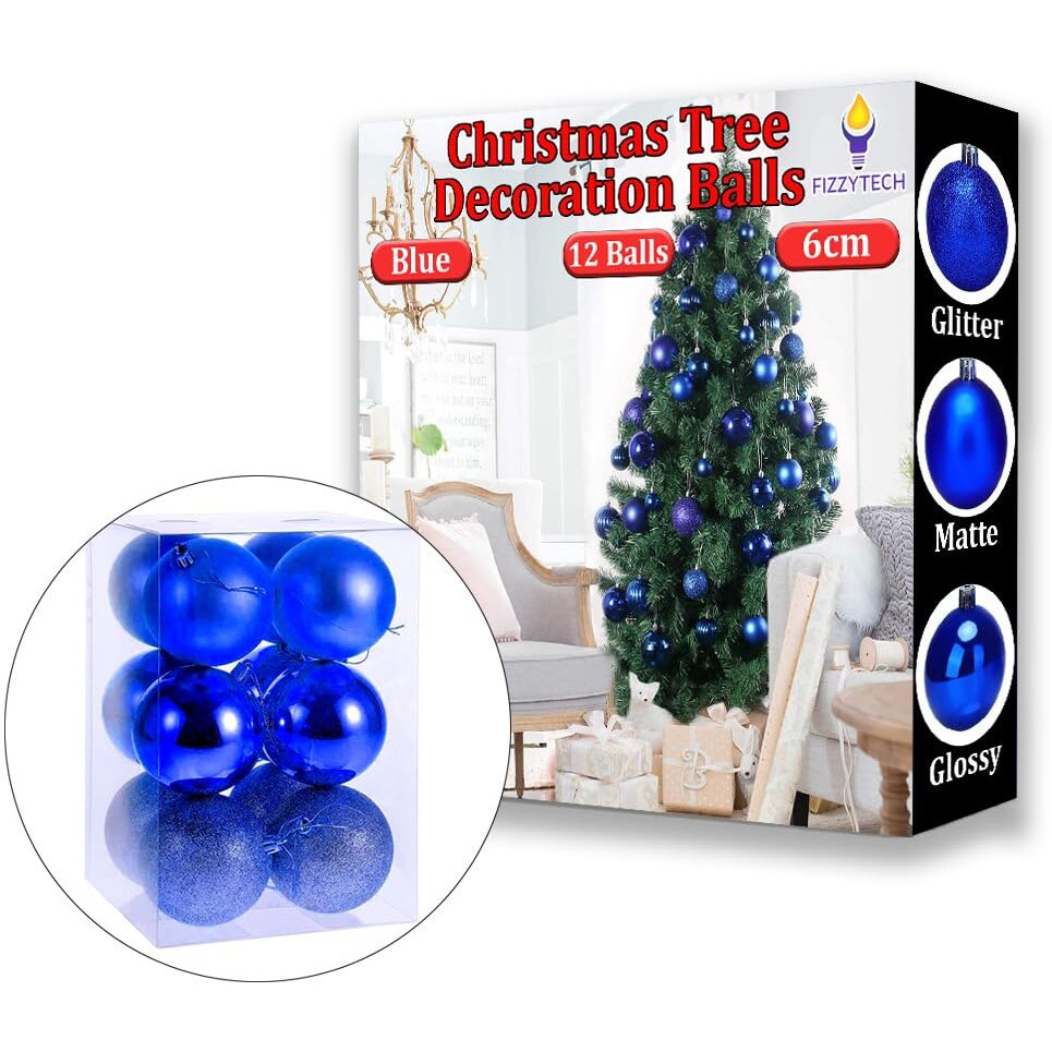 Fizzytech Shatterproof Christmas Balls Ornaments Pack Of 12 Blue Hanging Balls Size 6Cm Perfect Xmas Tree Decorations (6Cm Blue 12 Pc)