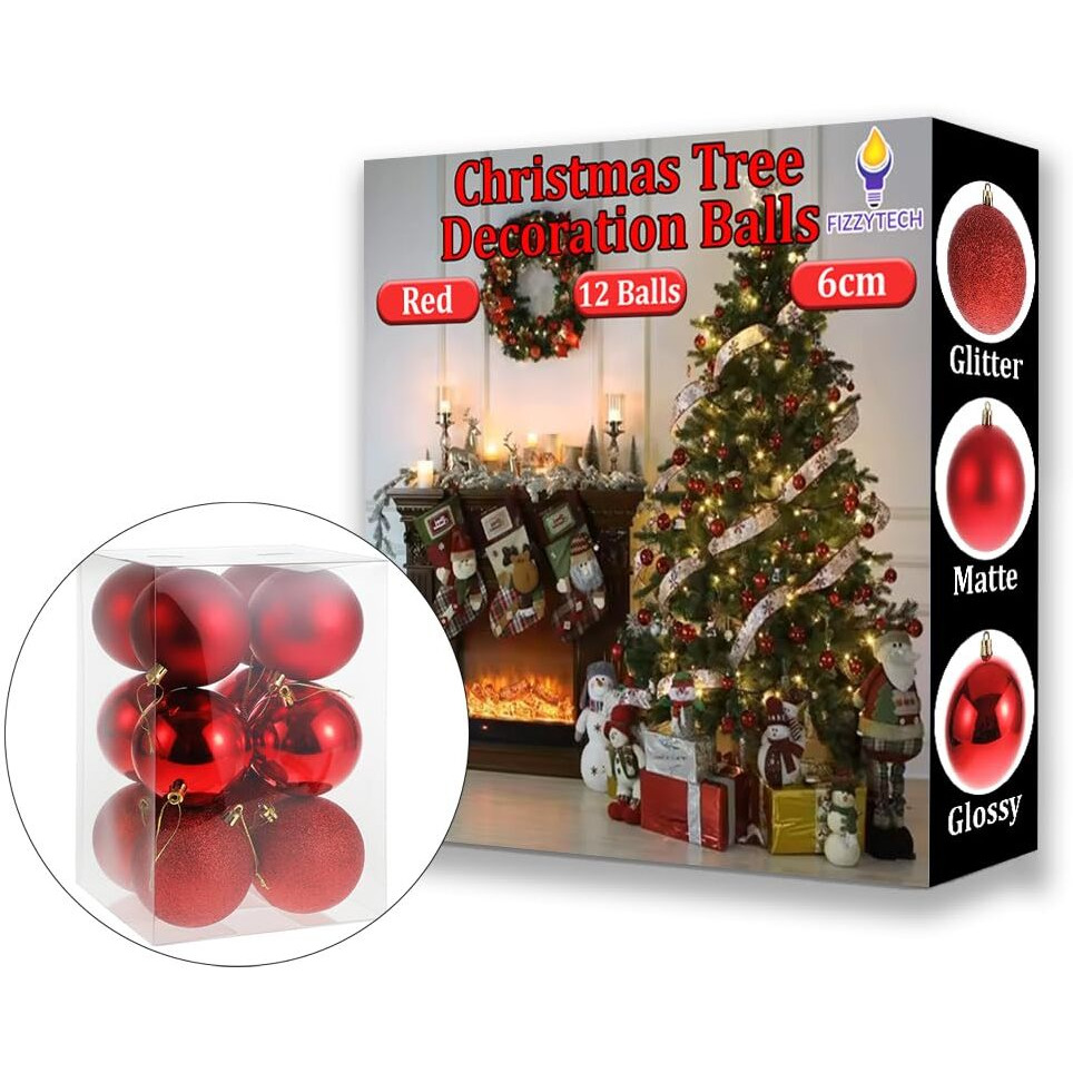 Fizzytech Shatterproof Christmas Balls Ornaments Pack Of 12 Pc Red Hanging Balls Size 6Cm Perfect Xmas Tree Decorations (6Cm Red 12 Pc)