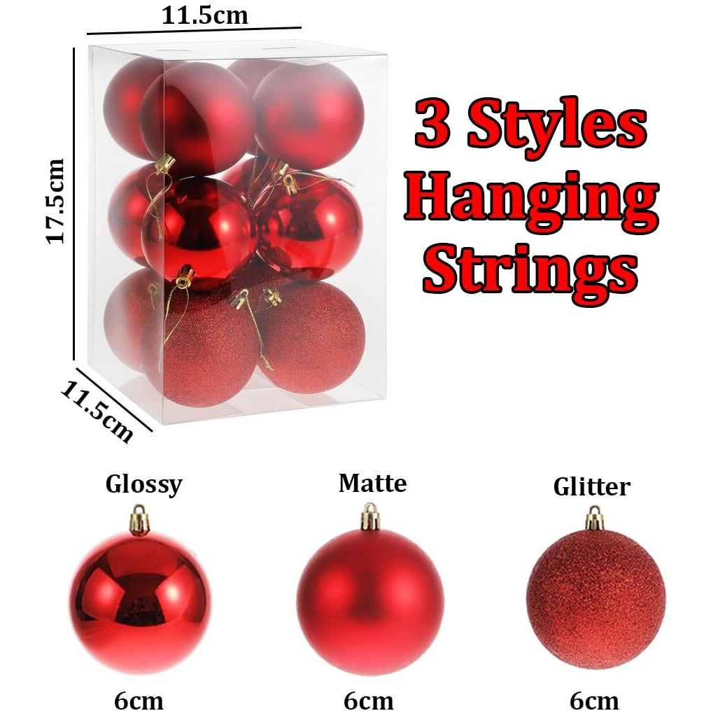 Fizzytech Shatterproof Christmas Balls Ornaments Pack Of 12 Pc Red Hanging Balls Size 6Cm Perfect Xmas Tree Decorations (6Cm Red 12 Pc)