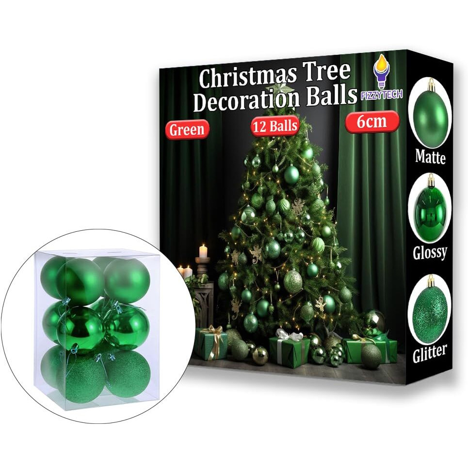 Fizzytech Shatterproof Christmas Balls Ornaments Pack Of 12 Green Hanging Balls Size 6Cm Perfect Xmas Tree Decorations (6Cm Green 12 Pc)