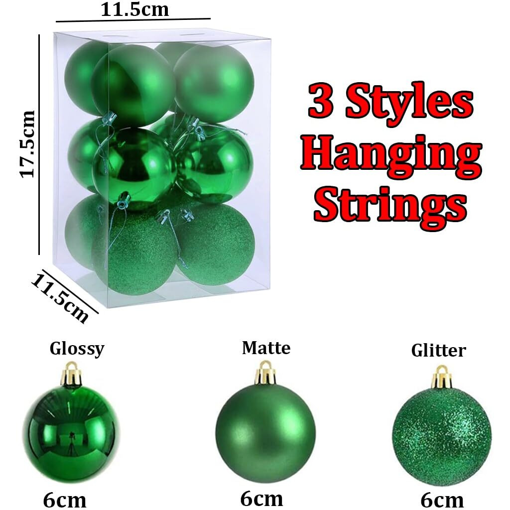 Fizzytech Shatterproof Christmas Balls Ornaments Pack Of 12 Green Hanging Balls Size 6Cm Perfect Xmas Tree Decorations (6Cm Green 12 Pc)