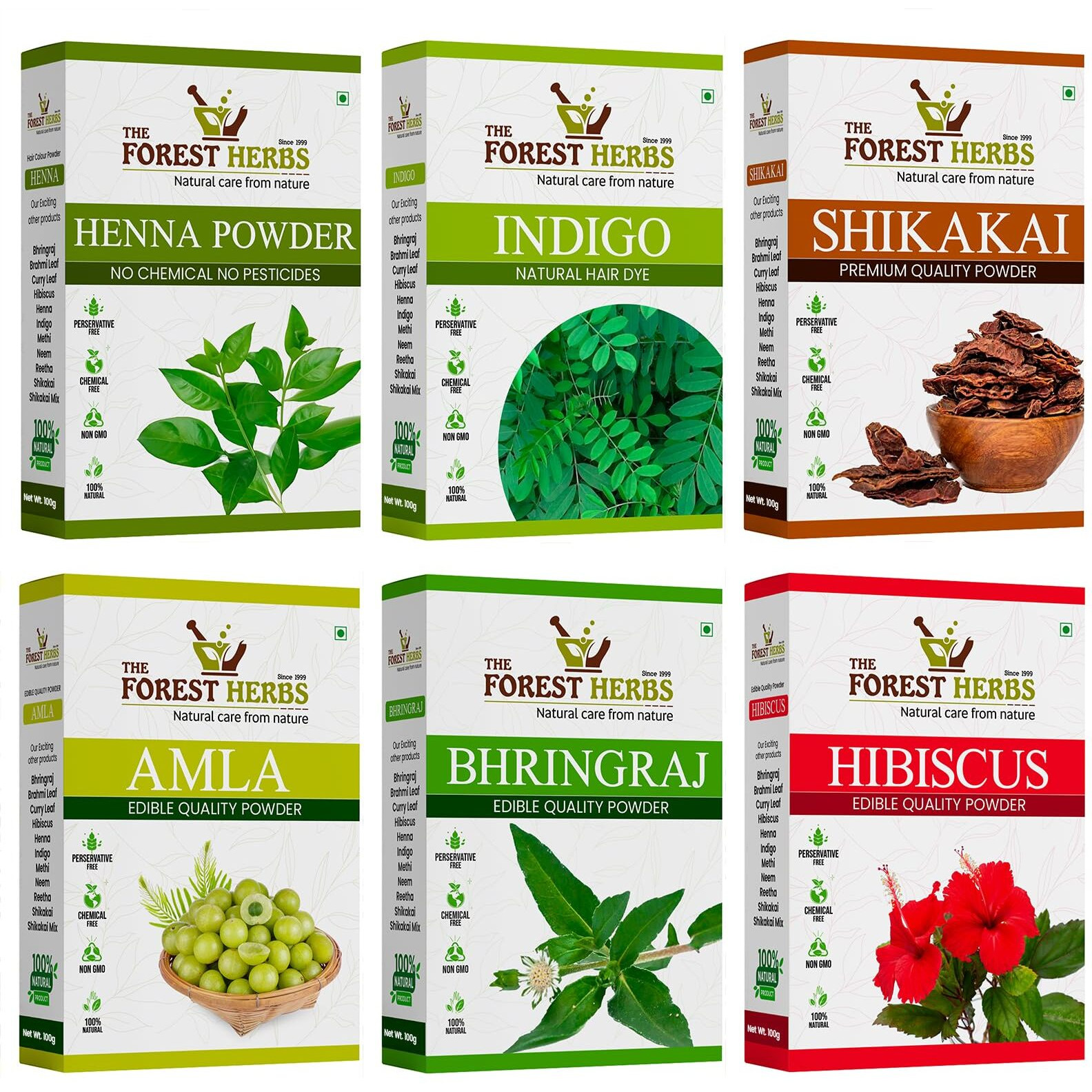 The Forest Herbs Natural Care From Nature 100% Natural Organic Amla, Shikakai, Bhringraj, Hibiscus, Henna And Indigo Powder For Hair Care Combo Each 100Gms