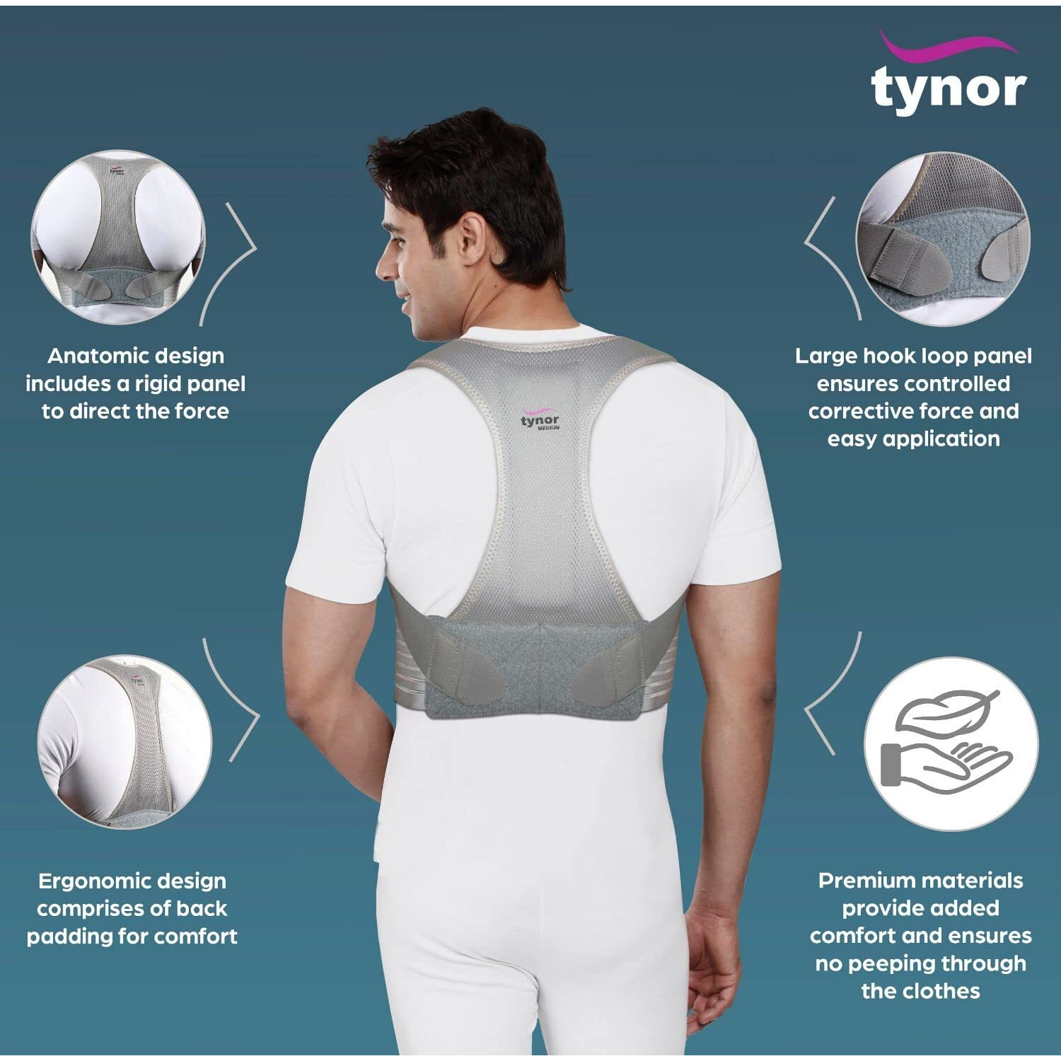 Tynor Posture Corrector, For Improved Posture & Back Support | Back Belt For Men & Women | Comfortable For All-Day Wear (Grey, Large, 1 Unit)