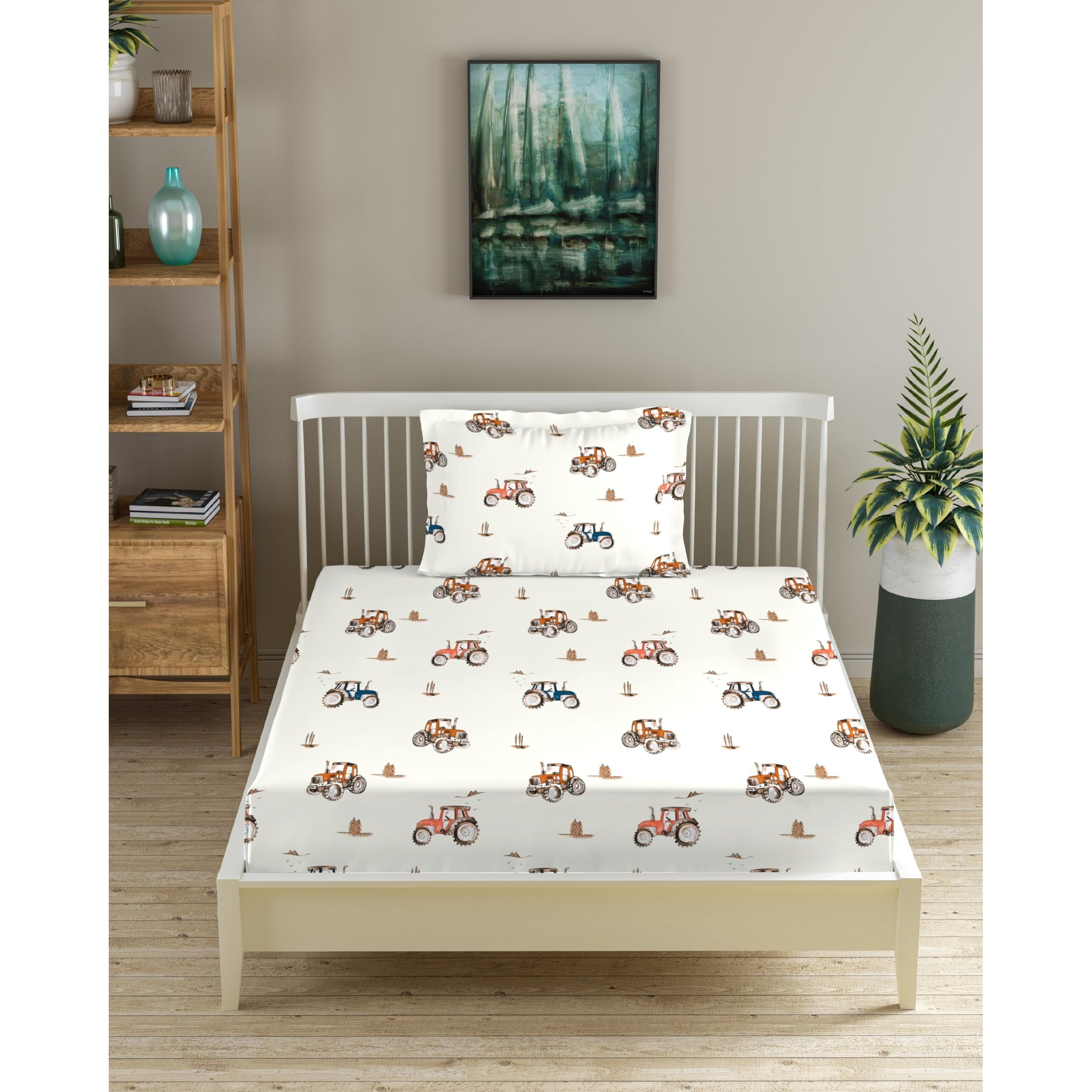 Trance Home Linen 180Tc 100% Cotton 78&quotX36" Single Size Elastic Fitted Kids Bedsheet | Cartoon Printed Single Bed Size Elasticated Fitted Bedspread With 1 Pillow Cover (Single 78X36 Inch, Car Orange)