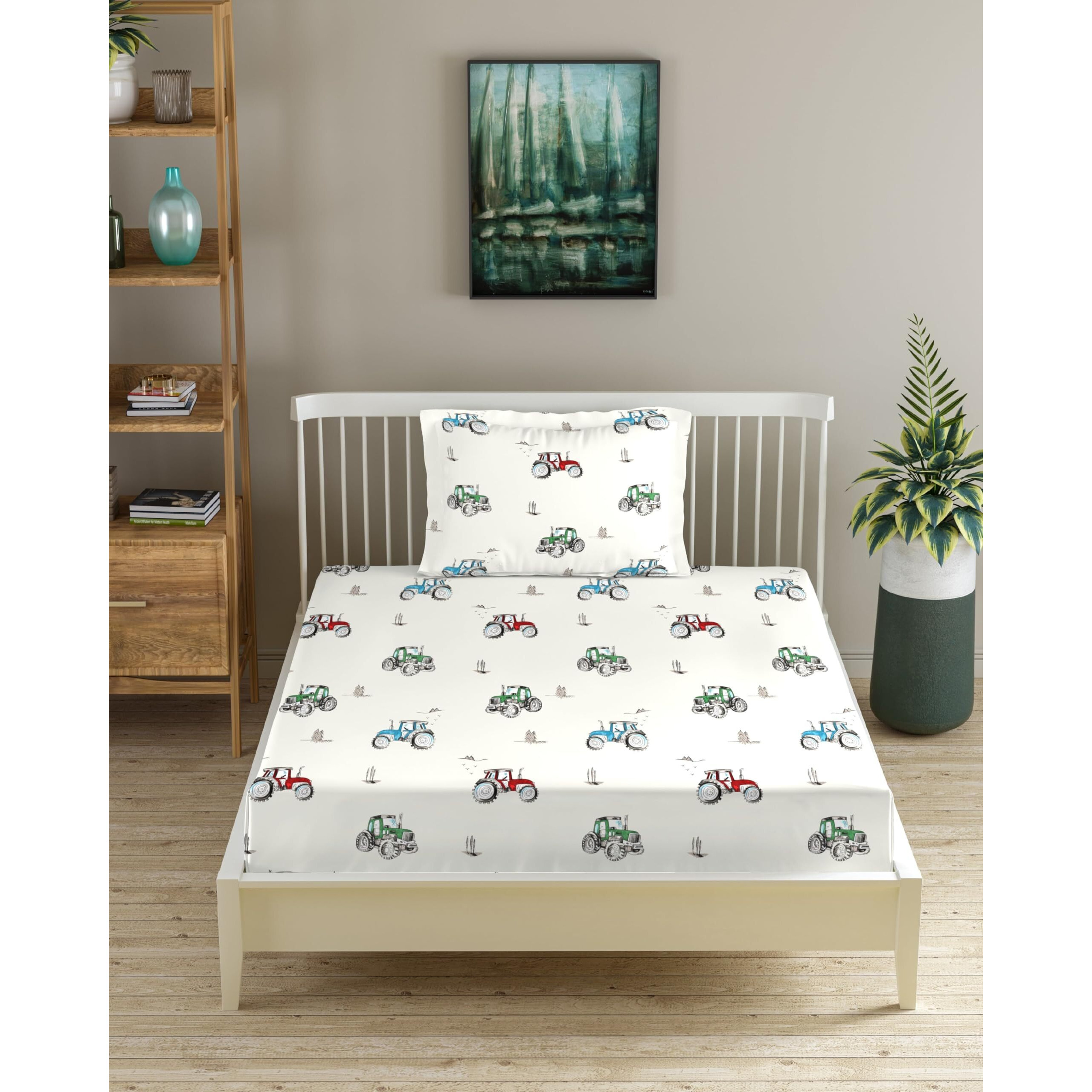 Trance Home Linen 180Tc 100% Cotton 72&quotX30" Single Bed Size Elastic Fitted Kids Bedsheet | Cartoon Printed Single Size Bed Elasticated Fitted Bedspread With 1 Pillow Cover (72X30 Inch, Car Blue)
