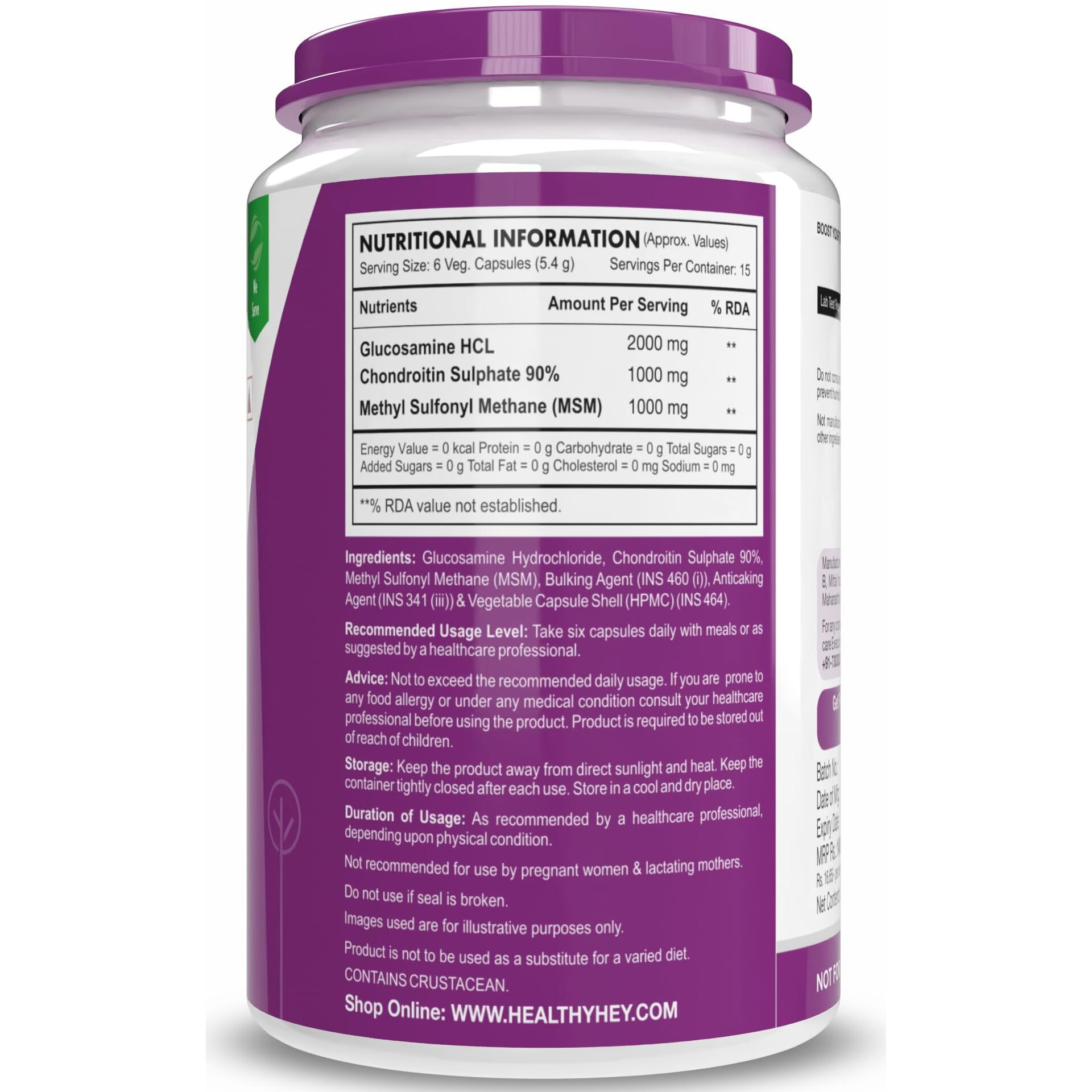 Healthyhey Nutrition Glucosamine Chondroitin And Msm For Cartilage Joint And Bone, 90 Capsules