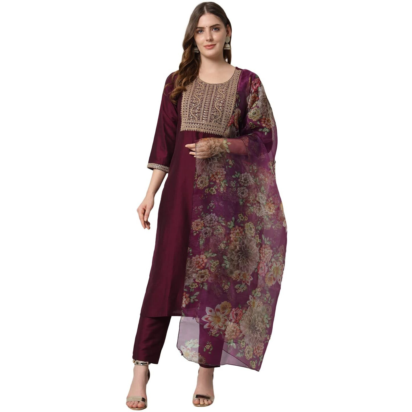 Vredevogel Women's Embroidered Cotton Silk Blend Kurta Pant And Dupatta Set (Purple_Small, Regular Fit)