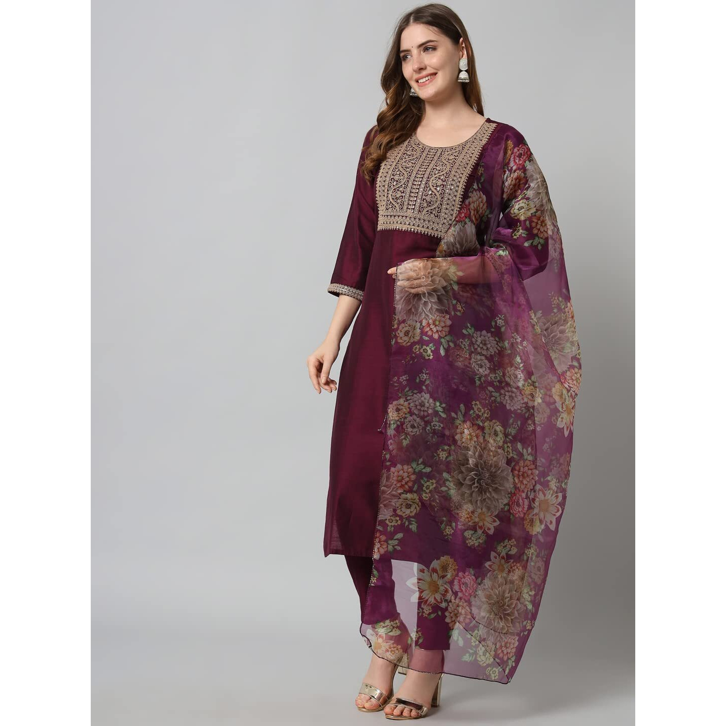 Vredevogel Women's Embroidered Cotton Silk Blend Kurta Pant And Dupatta Set (Purple_Small, Regular Fit)
