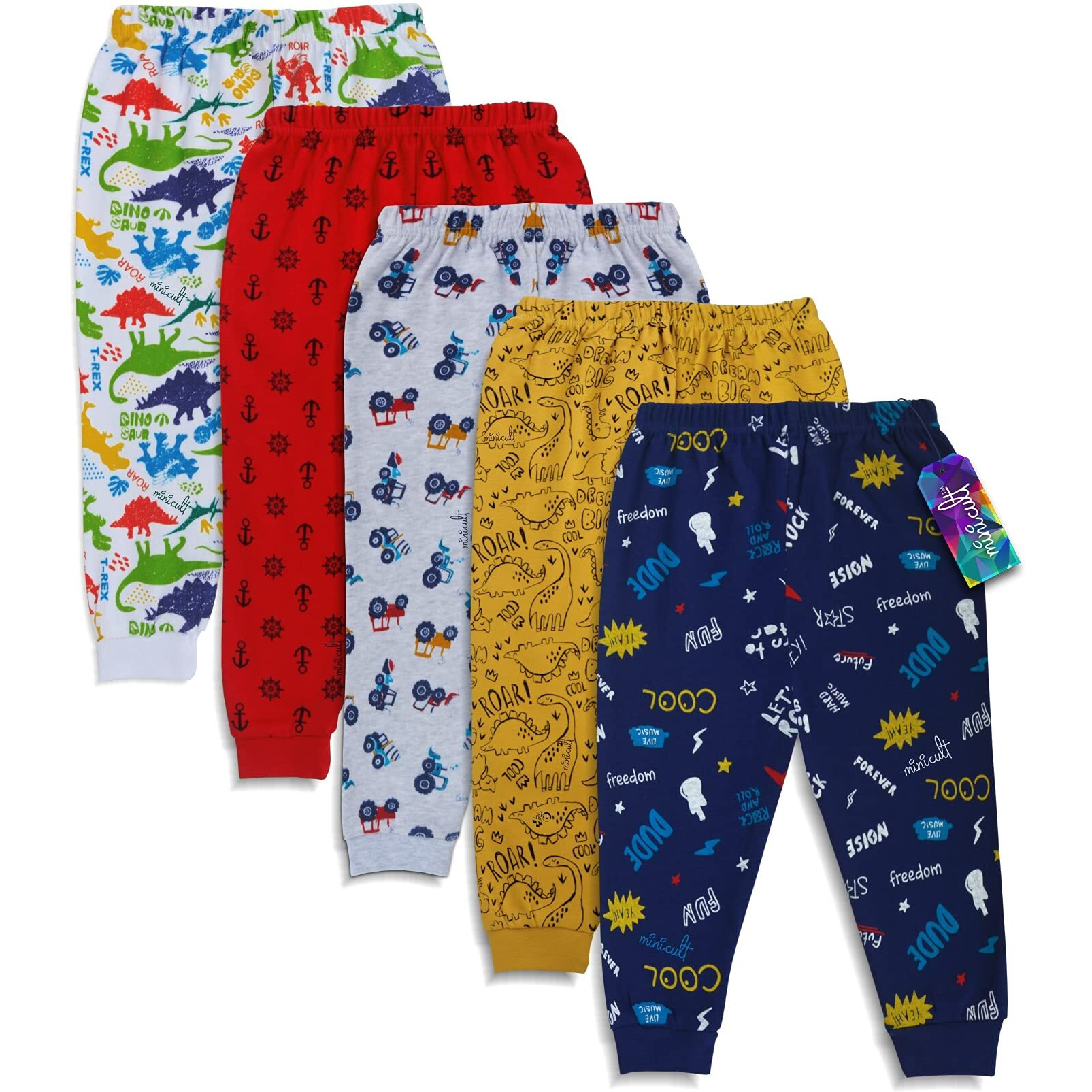 Minicult Cotton Pajama Pants With All Over Print For Boys And Girls (Multicolor Designs)(Regular Fit)(Pack Of 5) (5 Years-6 Years, Multicolour, 5)