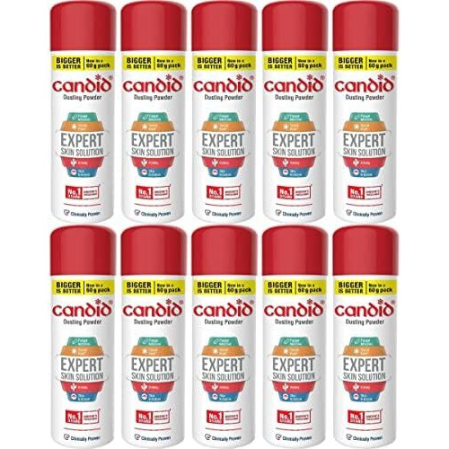 Candid Dusting Powder | Expert Skin Solution |Doctor's Prescribed No.1 Brand | Prevents Sweat Rash, Itching, Fungal Infection & Skin Irritation | Anti-Fungal Powder | Clotrimazole | 60G | Pack Of 10