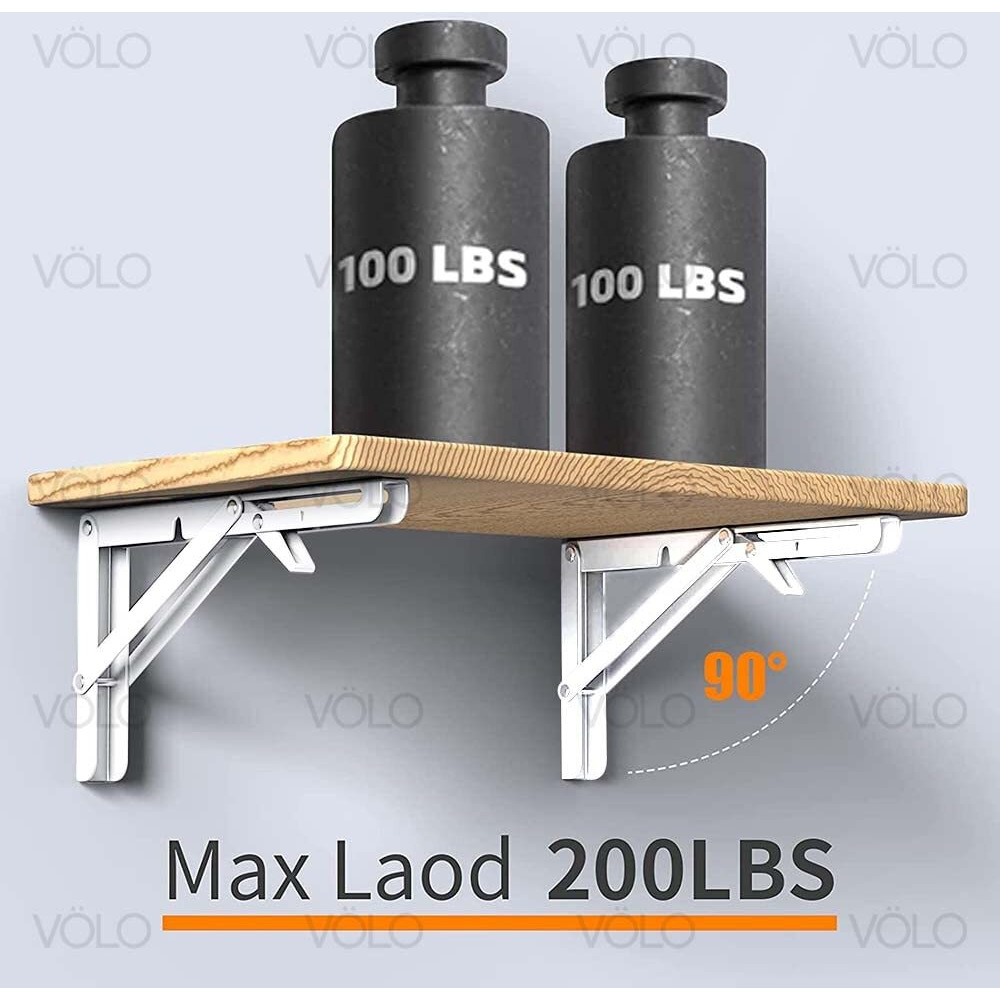 Volo Heavy Duty 16" Foldable Mild Steel Racks, Shelf Bracket, L Bracket, Wall Brackets, Wall Angle Bracket, Folding Table Bracket With Fittings For Fold Down Steel Table. (ColorWhite)