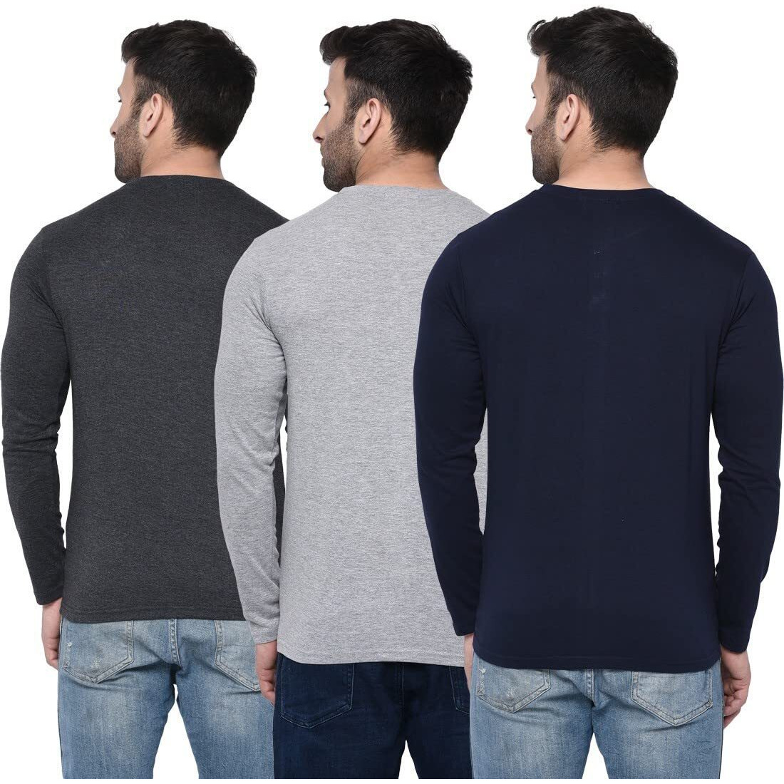 London Hills Solid Men Full Sleeve Round Neck Cotton Blend Regular Fit T-Shirt (Pack Of 3) Multi-Coloured, Large.