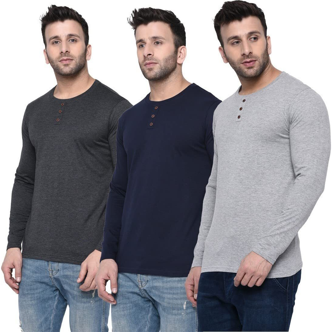London Hills Solid Men Full Sleeve Round Neck Cotton Blend Regular Fit T-Shirt (Pack Of 3) Multi-Coloured, Large.