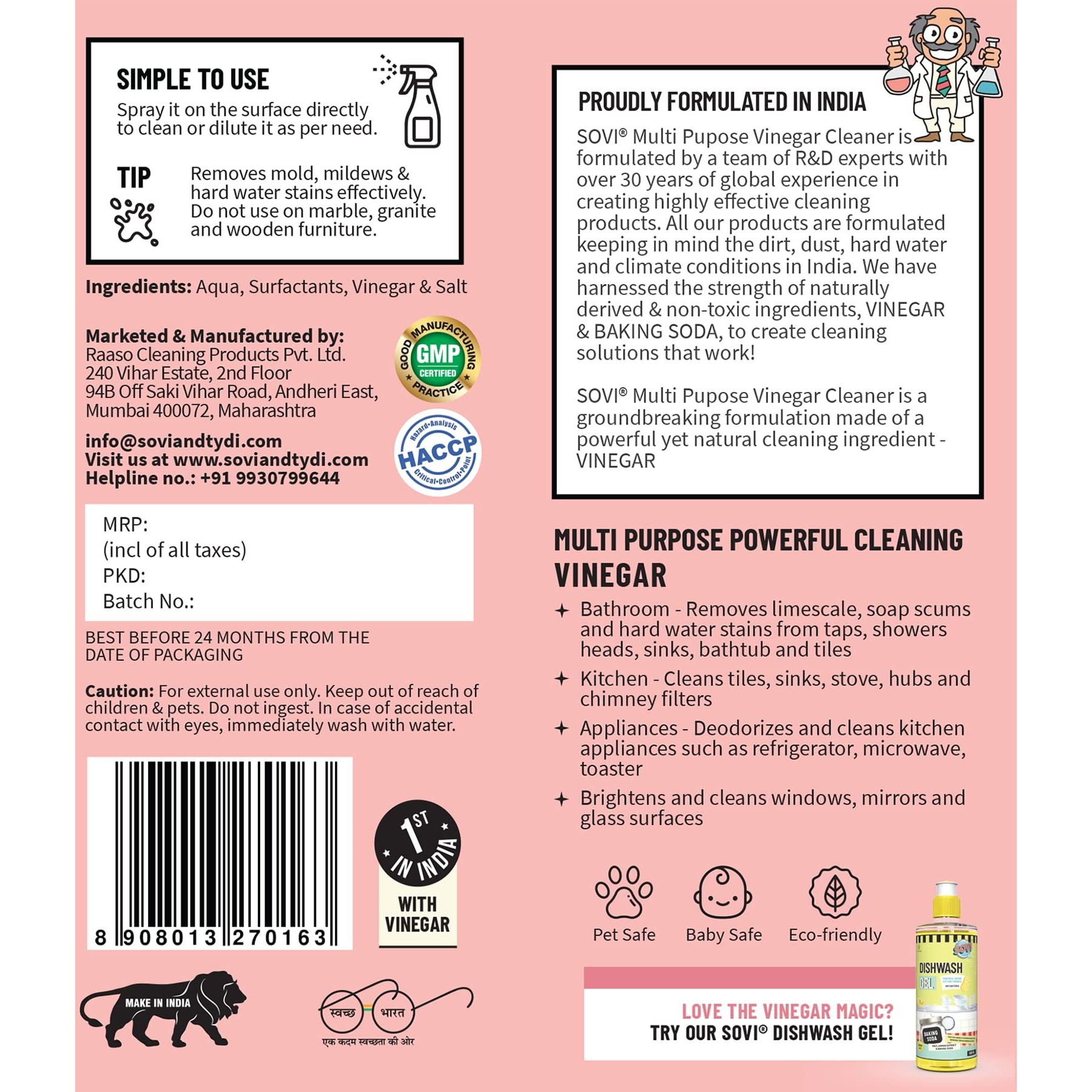 Sovi Eco-Friendly Vinegar Multi-Purpose Cleaner, Hard Water Stain Remover, Degreaser, Tough Limescale Remover, Pet Odour Remover, The Clean Scent - 2Ltr (Pack Of 1)