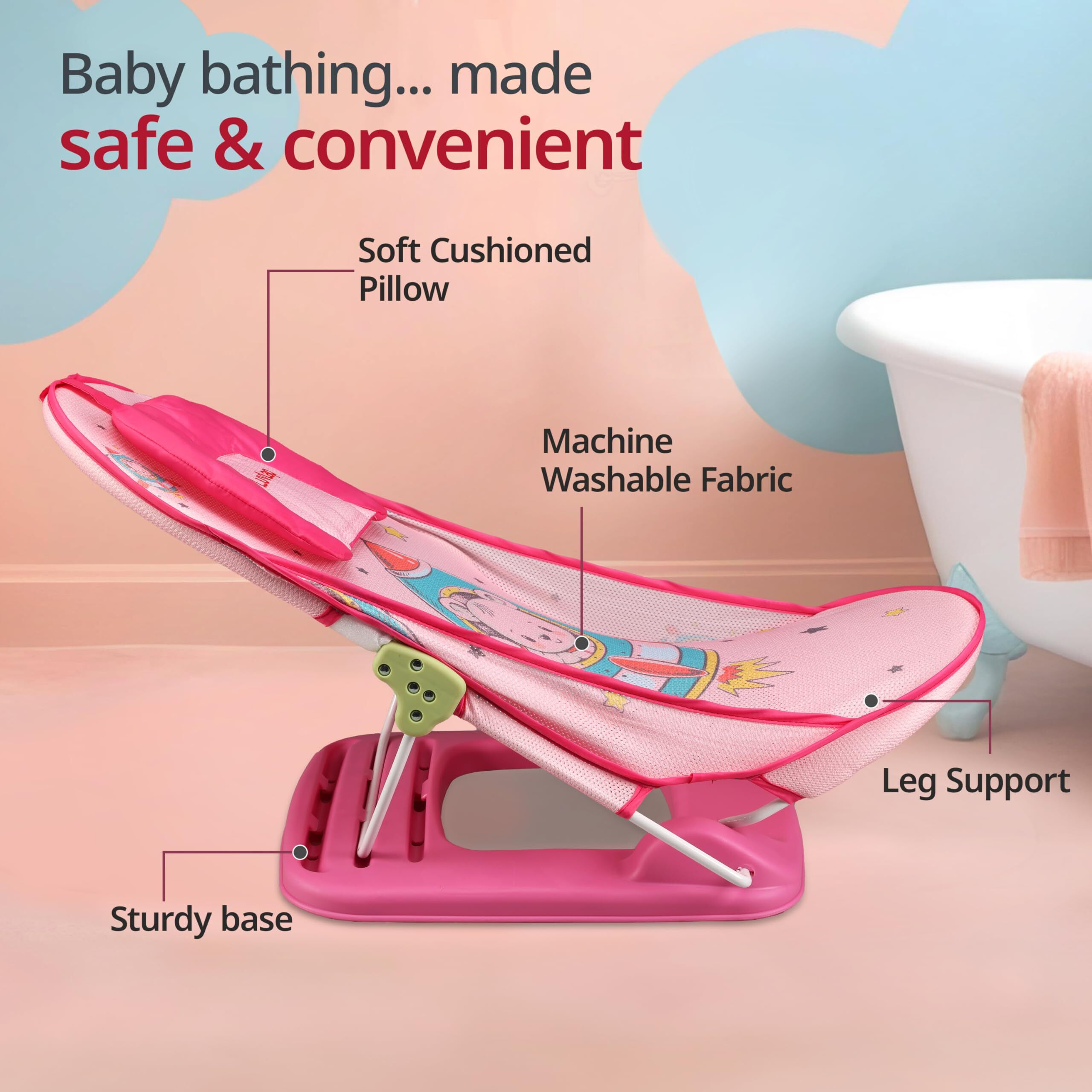 Luvlap Happy Astronaut Baby Bather For Baby 0-6 Months, New Born Baby Bath Chair, 3 Position Adjustable, Washable Soft Mesh, Large Seat (Multicolor)