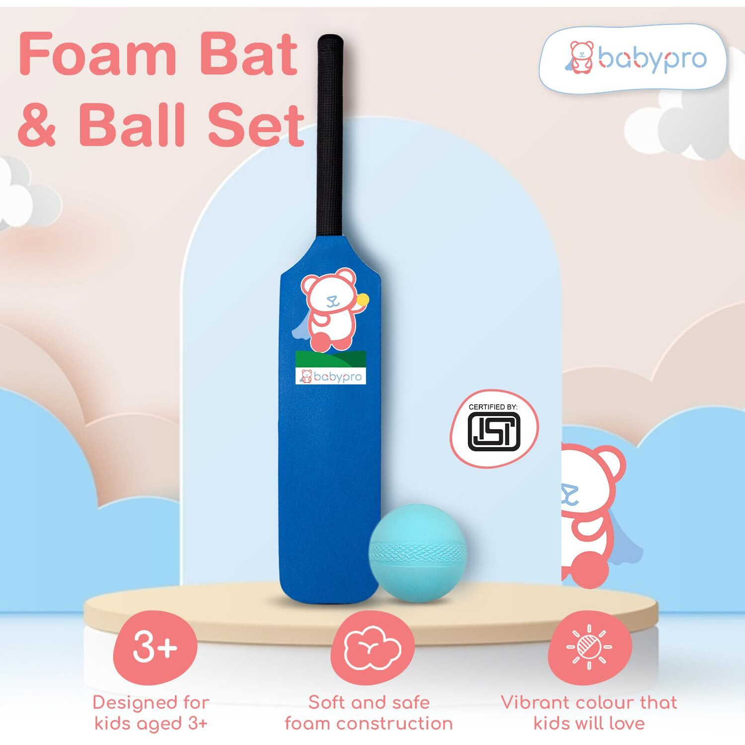 Babypro Foam Cricket Bat & Ball Set, Designed For Kids Aged 3 Years, Easy-Grip Handle, Perfect For Both Indoor & Outdoor Play, Bat And Ball For Kids 2-5 Years