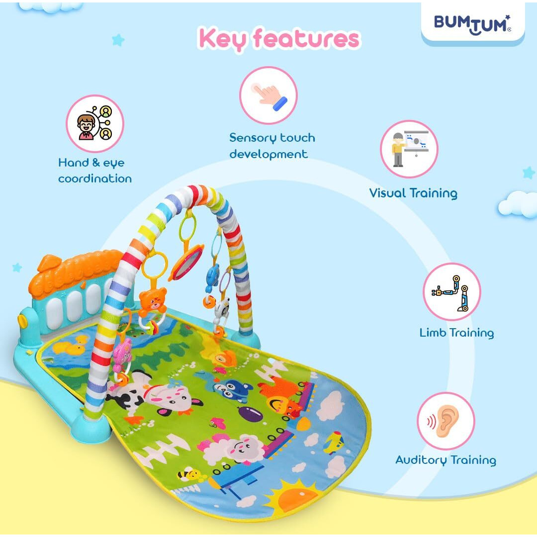 Bumtum Baby Play Mat | Baby Piano Play Mat Gym & Fitness Rack With Hanging Rattles Keyboard Set With Music Mode | Farm Print