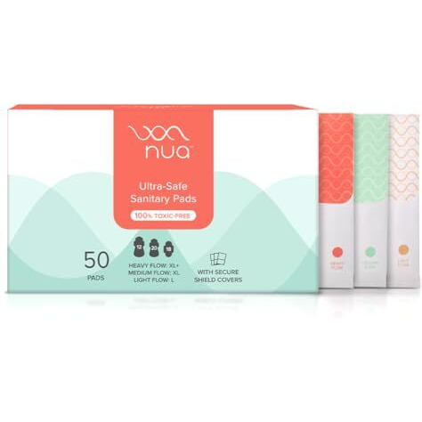 Nua Ultra Safe 50 Sanitary Pads For Women | 3 Sizes In 1 12 Heavy Flow-Xl+, 20 Medium-Xl & 18 Light-L | Toxic-Free & Rash-Free | Unscented | Leakproof | With 50 Disposal Pouches| Bulk Pack
