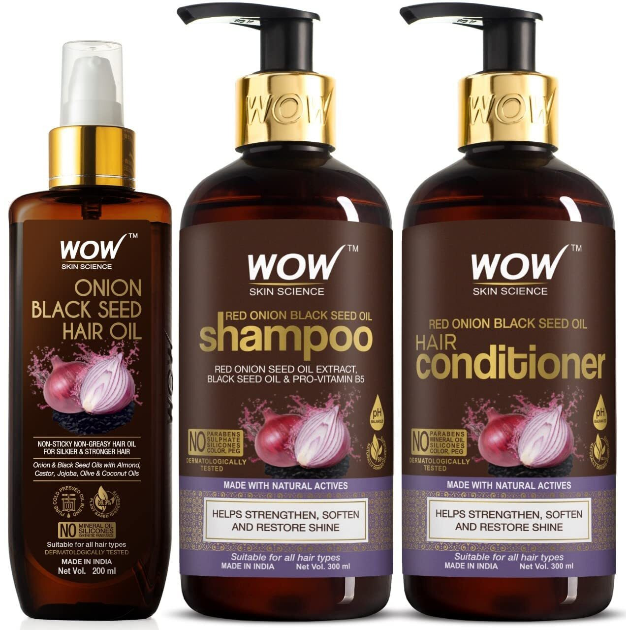 Wow Skin Science Ultimate Onion Oil Hair Care Kit For Hair Fall Control - Shampoo 300Ml + Conditioner 300Ml + Onion Hair Oil 200Ml