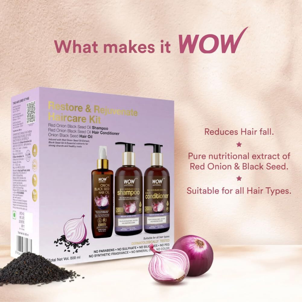 Wow Skin Science Ultimate Onion Oil Hair Care Kit For Hair Fall Control - Shampoo 300Ml + Conditioner 300Ml + Onion Hair Oil 200Ml