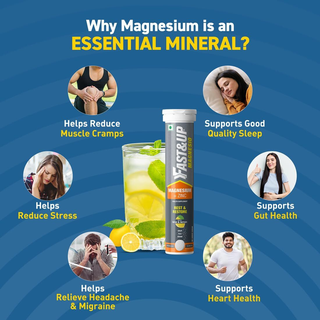 Fast&Up Magnesio - Restful Sleep Supplement - Magnesium & Zinc For Stress Management & Promoting Deep Sleep (60 Effervescent Tablets, Lime & Lemon Flavor)