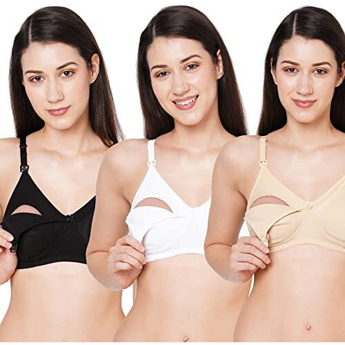 Momtobe Women's Cotton Non-Padded Wire-Free Feeding Bra (BlackWhiteBeige, 42)