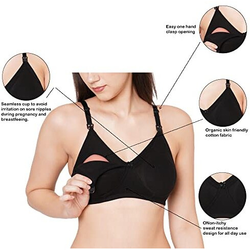 Momtobe Women's Cotton Non-Padded Wire-Free Feeding Bra (BlackWhiteBeige, 42)