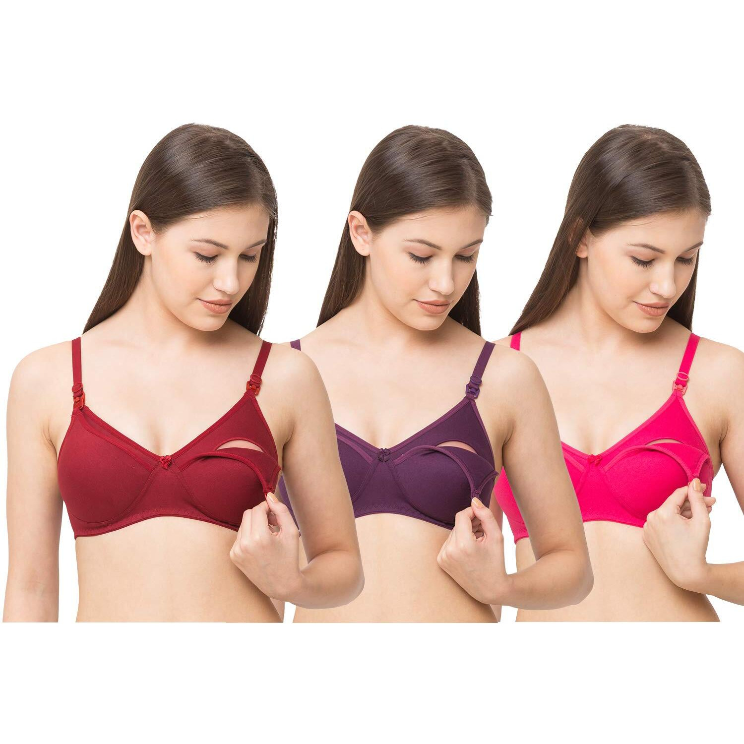 Momtobe Women's Cotton Non-Padded Wire Free Maternity Bra (5508Repkpurmrnfb_30_Pink, Purple, Maroon_30C)
