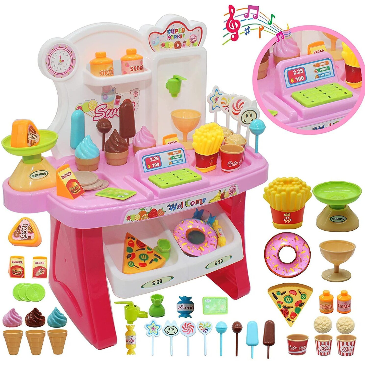 Brand Conquer Pretend Play Mini Supermarket Toy Candy Sweet Shopping Cart, Pretend Play Kitchen Set For Kids Girl & Boys Ice Cream Set Toy For Kids 37 Pieces (Mini Market)