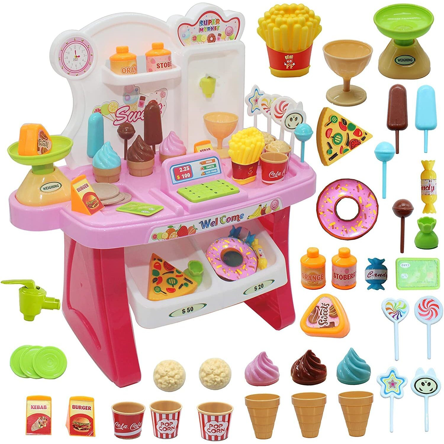 Brand Conquer Pretend Play Mini Supermarket Toy Candy Sweet Shopping Cart, Pretend Play Kitchen Set For Kids Girl & Boys Ice Cream Set Toy For Kids 37 Pieces (Mini Market)