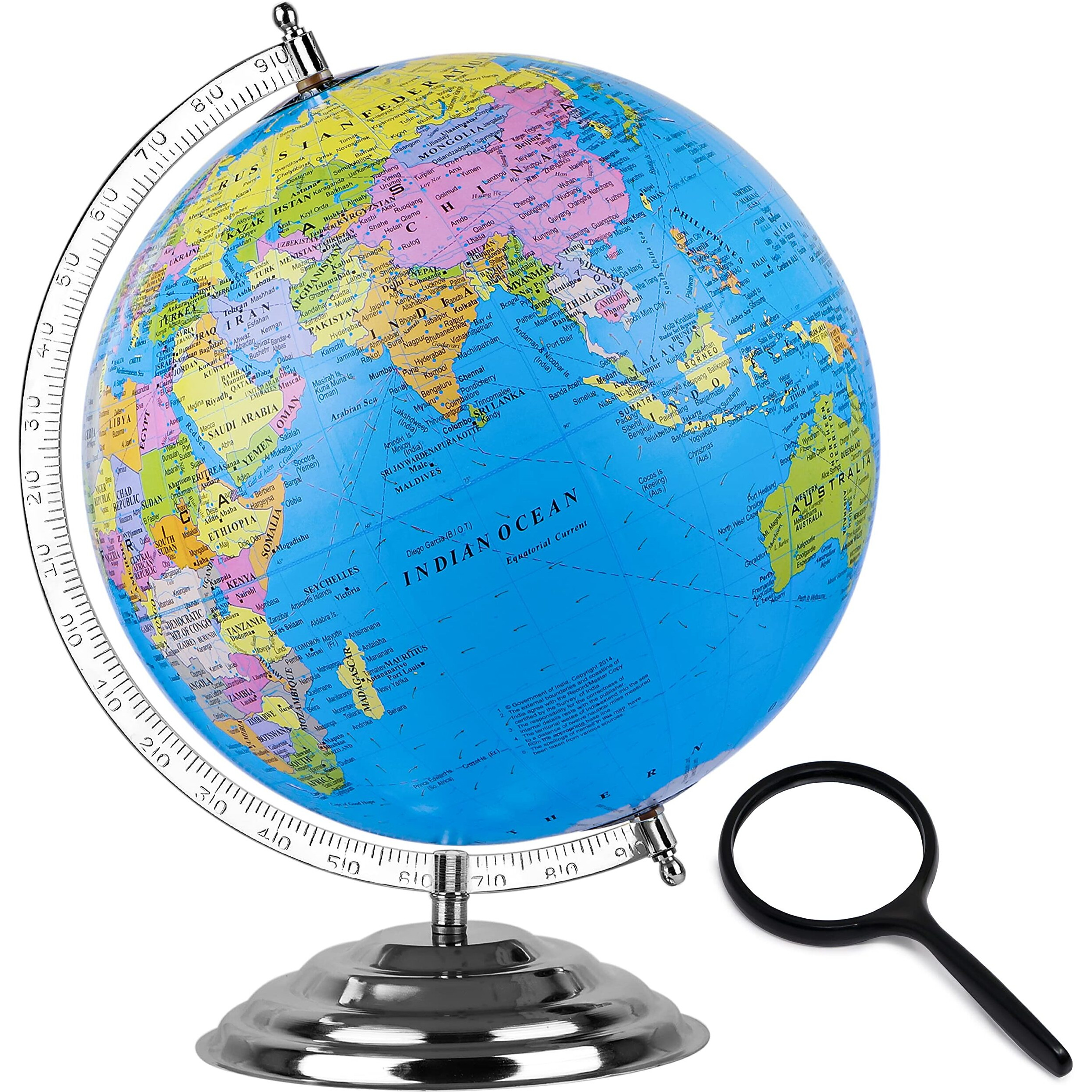 Zest 4 Toyz Globe For Kids, Stem Steam Educational World Globe Metal Base With Magnifying Glass For Kids/Political Globe/Office Globe/Globes For Students - 10 Inch (Blue)