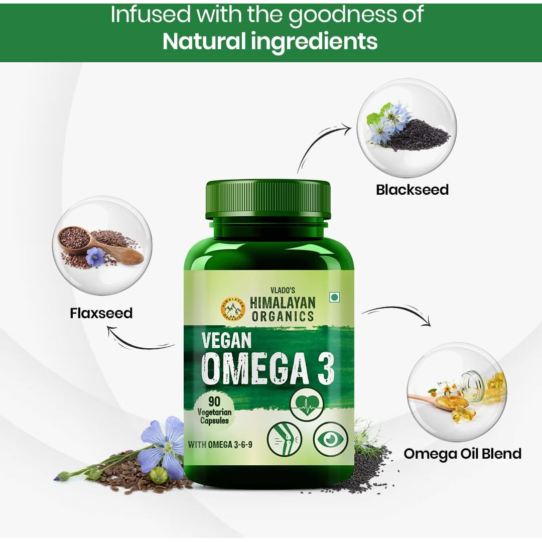 Himalayan Organics Flax Seed Oil Omega 3 6 9 Vegan Natural Nutrition Supplement For Muscle , Bone , Heart & Skin - Veg Capsules 90 Count