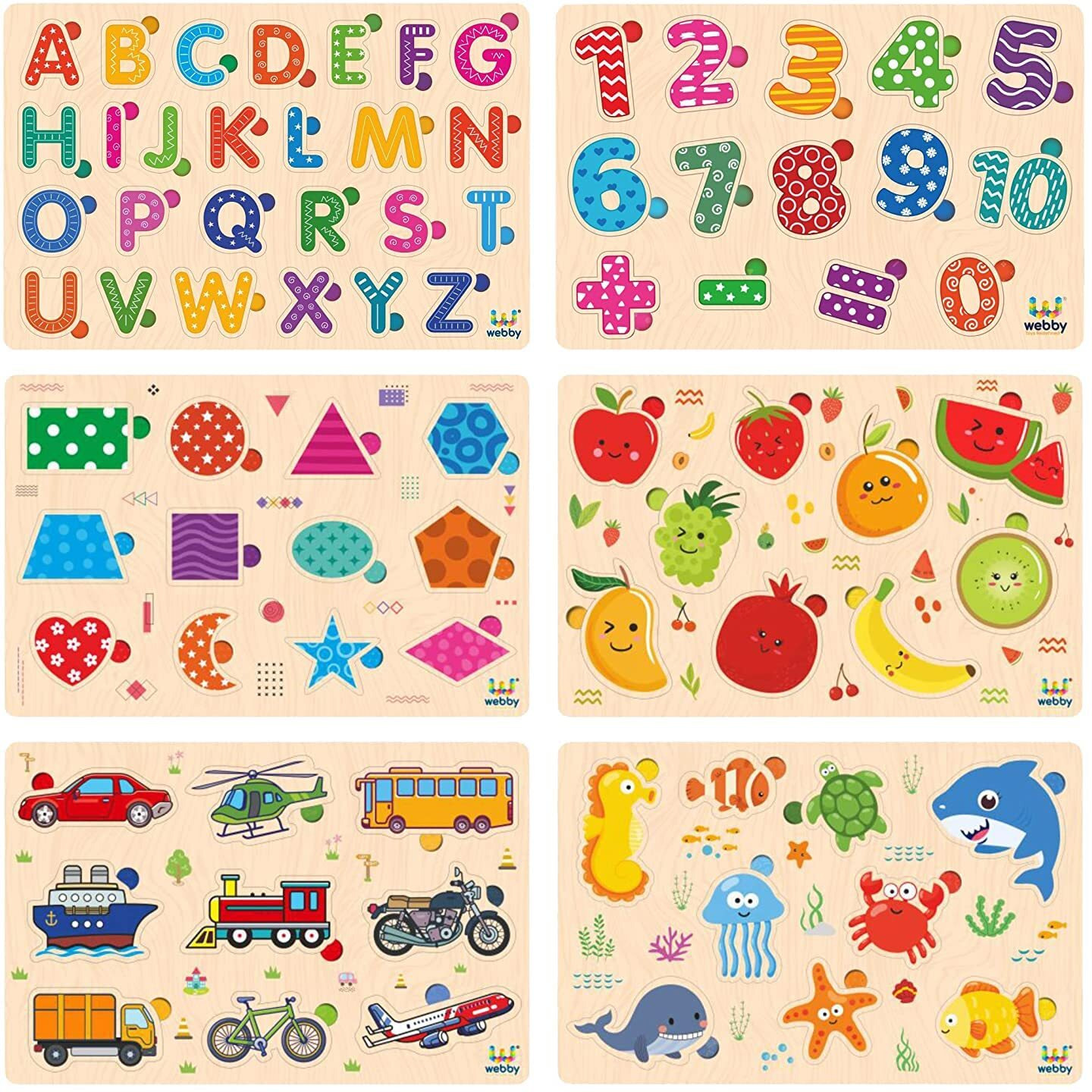 Webby Wooden Educational Colorful Alphabets, Counting Numbers, Fruits, Sea Animals, Public Transport And Shapes Puzzle For Preschool Kids - Set Of 6